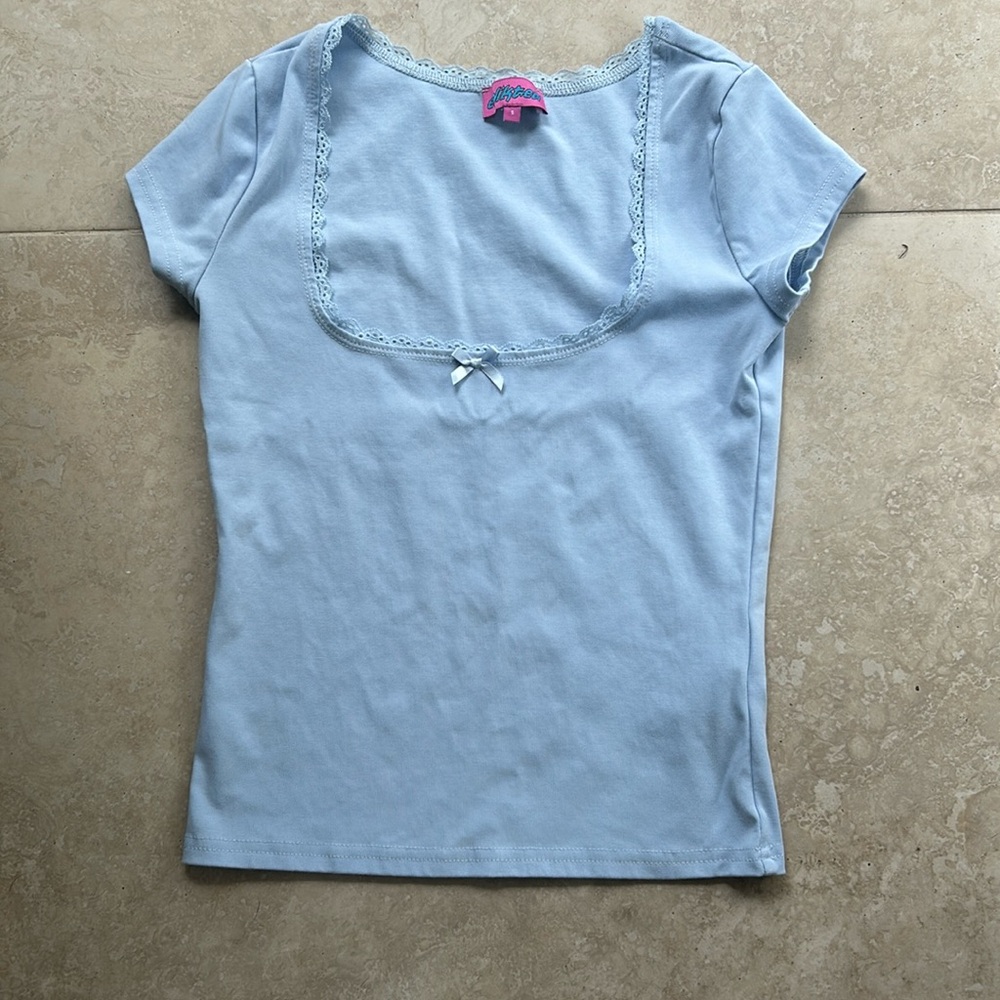 Edikted Light Blue Lace Trim Short Sleeve Tee